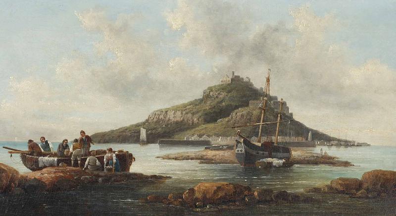 William Tomkins Coastal scene with islet and fishing folk
